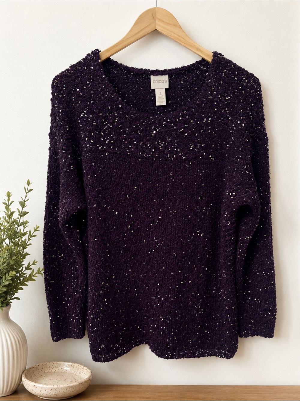 Chico's Sparkling Deep Purple Crewneck Sweater